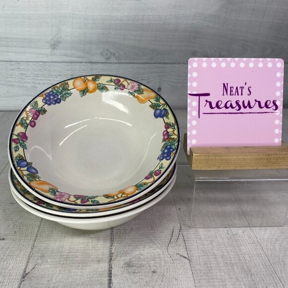 Oneida ORCHARD Fruit Blueberries Pear Plums  Stoneware Rim Cereal Bowls Set 3 - Picture 1 of 16